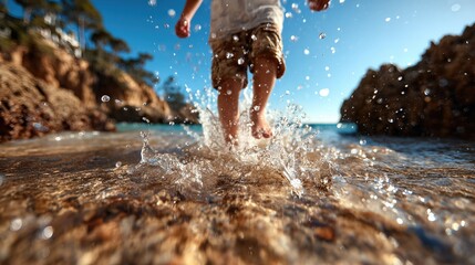 A joyous child playfully splashing through shimmering blue water on a sunny beach, capturing the essence of childhood adventure and the simplicity of fun.
