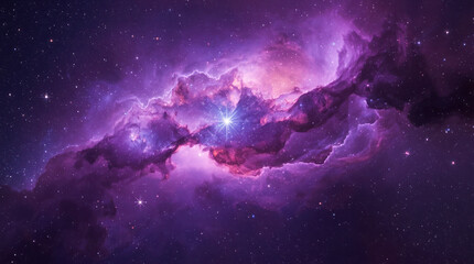 Glowing purple nebula and bright star surrounded by distant stars in outer space on a dark background, symbolizing cosmic beauty and mystery