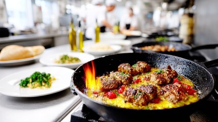 Hearty meatballs sizzling in a pan, covered in sauce, showcasing the dynamic atmosphere of a professional kitchen with chefs in action, preparing mouthwatering meals.