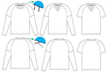 v neck t-shirt. full and short sleeve t-shirt template sketch cad drawing illustration. t-shirt template vector design.  © Bee