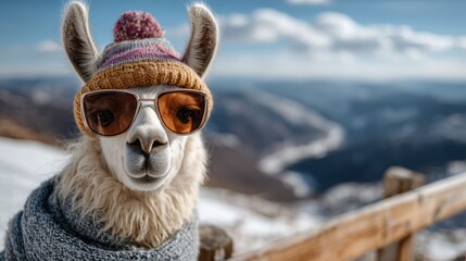 Naklejka premium A fashionable llama wearing sunglasses and a colorful hat poses outdoors against a breathtaking mountain backdrop, combining whimsy and charm in a delightful scene.