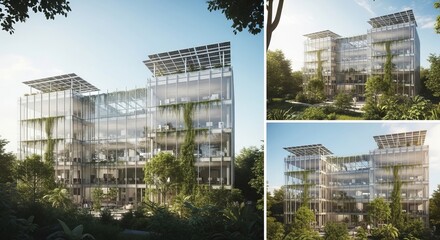 Modern office building with solar panels and green design in sunny environment.