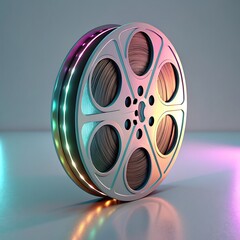 Vintage film reel illuminated by colorful lights