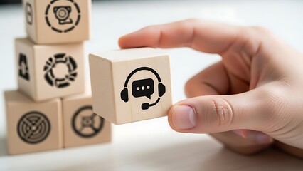 Customer service and support concept with audio communication headset icon on wooden blocks