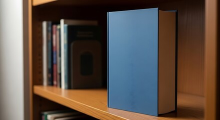 A single blue book stands prominently on a wooden bookshelf next to other books library reading