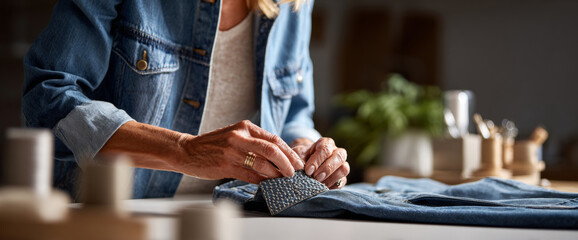Obraz premium Close-up of person mending denim jeans by hand sewing patch in cozy indoor setting with blurred background