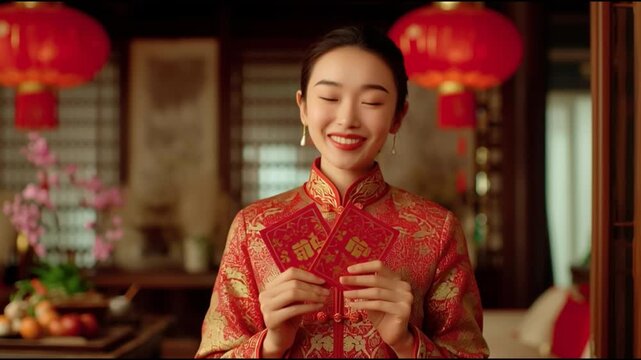 A joyful woman in traditional attire holds red envelopes, celebrating cultural traditions in a vibrant interior filled with lanterns.