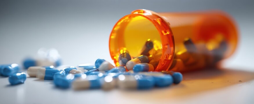 The Prescription Pill Bottle Tipped Over With Blue And White Capsules Spilling Out