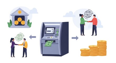 Business people shaking hands during currency transfer, depicted with a bank and ATM in the background, showing financial transactions.