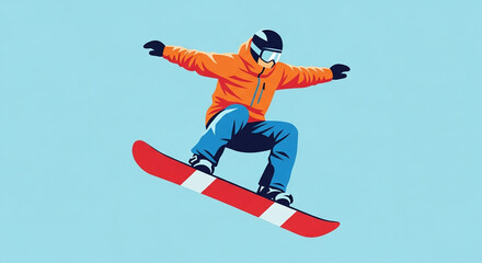 Snowboarder jumping in the air with blue sky.