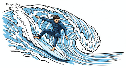 Surfer riding wave with action art illustration.