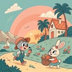 Cute cartoon bunnies enjoying a sunny day in a whimsical landscape