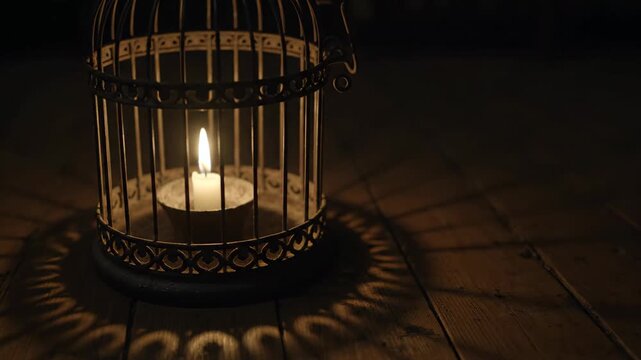 Candlelight in birdcage casting shadows on wooden surface in darkness