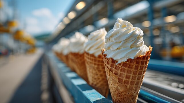 This image displays a row of creamy ice cream cones, showcasing their appealing swirls, perfect for evoking summer delight and indulgence in sweets.