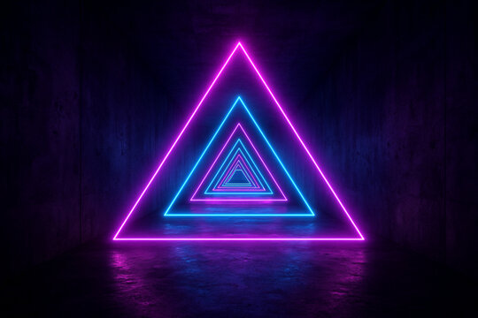 concrete tunnel or corridor illuminated by a series of glowing neon triangle outlines