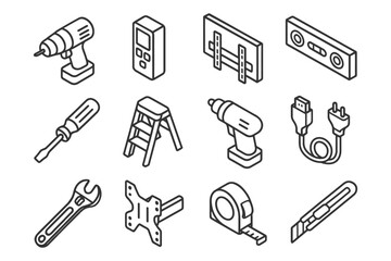 Obraz premium Isometric tools: drill, screwdriver, ladder, wrench, measuring tape, and cable icons.