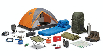 Camping gear set isolated on white Adventure travel background.