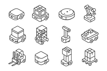 Set of robotic icons featuring drones and delivery robots in isometric style.