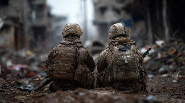 Two soldiers sit side by side in a desolate war-torn city, their muddy uniforms highlighting the grim reality of conflict as they reflect on their experiences and surroundings.