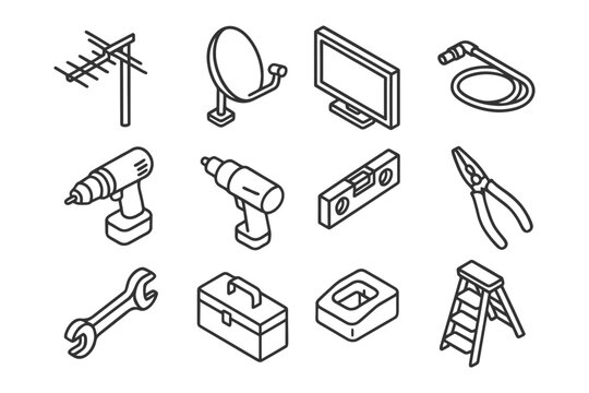 Line art icons of tools and devices: antenna, satellite, tv, drill, toolbox, wrench, ladder.