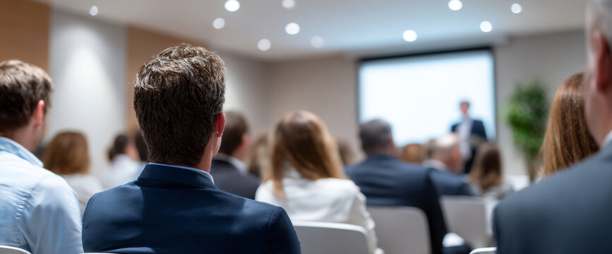 Audience of business professionals attending a corporate presentation in a modern conference room with a speaker and projection screen