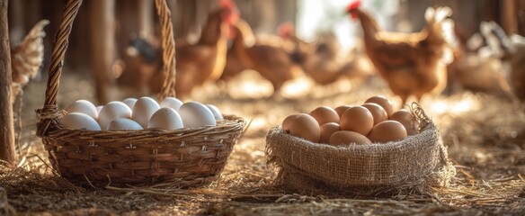 The Eggs in Rustic Baskets with Chickens in a Sunlit Farmyard Morning