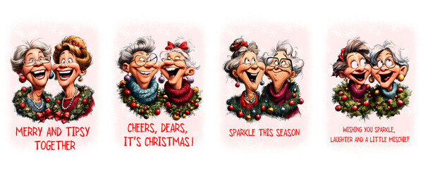 Set of Christmas greeting cards Two elderly women celebrating Christmas with festive decorations and smiles with funny quotes Holiday wishes 
