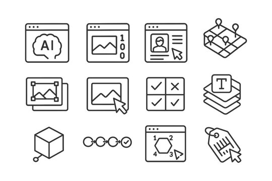 Set of ai, image, interface, and tagging icons in simple line style.