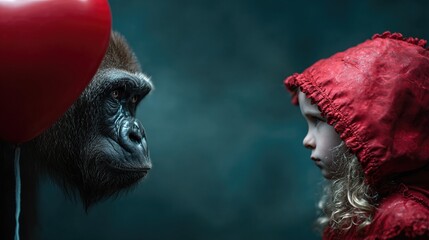 A powerful portrait capturing the intense gaze between a child wearing a red hoodie and a gorilla holding a red heart balloon, exploring themes of innocence and nature's spirit.