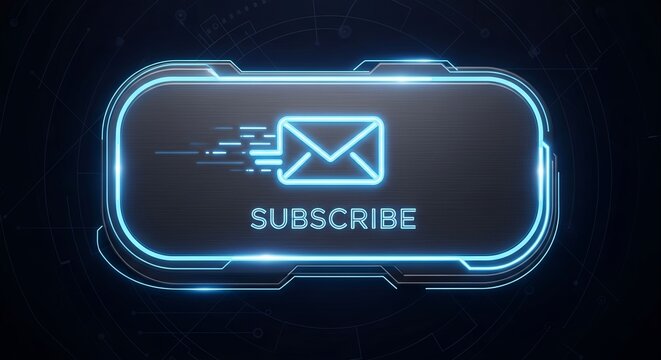 Glowing subscribe button with email icon on a futuristic dark background for newsletter signup and digital marketing campaigns online promotion - Powered by Adobe