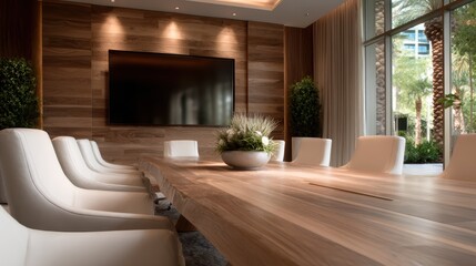 A sleek conference room featuring modern design elements, presenting an environment of collaboration and professionalism for meetings and corporate discussions.