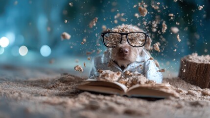 A whimsical scene of a dog wearing glasses and a shirt, surrounded by sand, while attempting to read a book, creating a charming and humorous portrayal of canine curiosity.