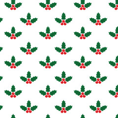 Seamless Christmas holly pattern with green leaves and red berries on white background, clean festive texture perfect for holiday gift wrap, greeting cards, textiles, packaging, wallpapers and seasona