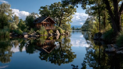 Obraz premium Luxurious wooden lake house on small island surrounded by green trees with perfect reflection in water and blue sky with clouds in summer.