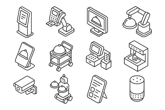 Isometric smart technology icons for modern hospitality and service automation.