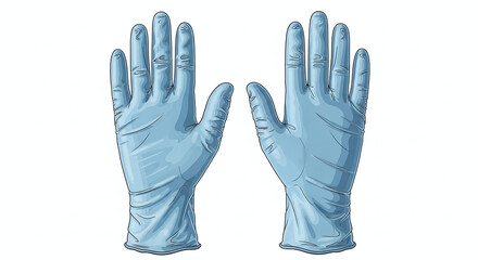 Blue medical gloves with front view, and white backdrop.