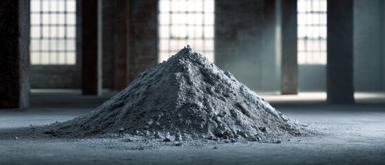 The pile of ash in an abandoned industrial warehouse with dramatic backlit windows