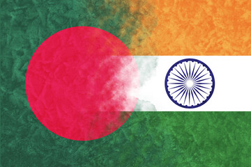 Bilateral relations between Bangladesh and India, featuring merged national flags. A graphic representing cooperation, diplomacy, trade, and economic ties between the South Asian nations