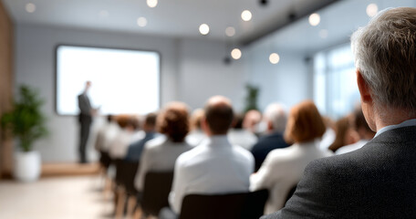 Audience attending a professional business presentation in a modern conference room with a speaker presenting in front of a screen