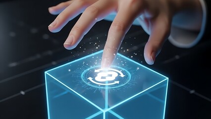 A person's finger activating a glowing blue digital cube with a security icon.