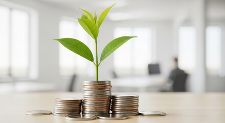 Plant growing from coin stacks, business concept of investments, returns, success, growth in an office.
