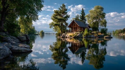 Fototapeta premium Luxurious wooden lake house on small island surrounded by green trees with perfect reflection in water and blue sky with clouds in summer.