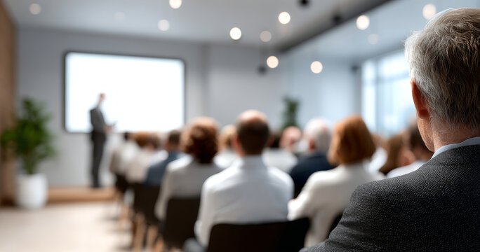 Audience attending a professional business presentation in a modern conference room with a speaker presenting in front of a screen