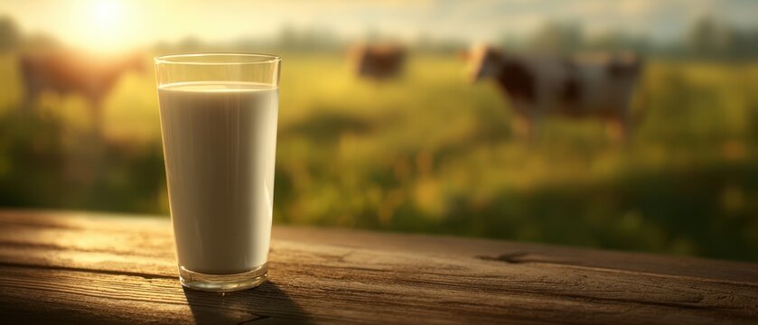 The Glass of Milk on a Wooden Table with Pastoral Cows at Sunset - Powered by Adobe