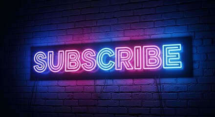 Neon subscribe sign glows brightly against a textured brick wall creating a vibrant and engaging call to action for viewers and content creators