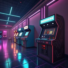 Retro arcade hallway with neon lights and classic game machines