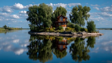 Obraz premium Luxurious wooden lake house on small island surrounded by green trees with perfect reflection in water and blue sky with clouds in summer.