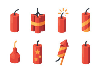 Fireworks and firecrackers, flat vector illustration, explosive celebration design