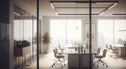 Office space interior with modern desks, chairs, lighting, and city backdrop. Business workspace in professional environment.