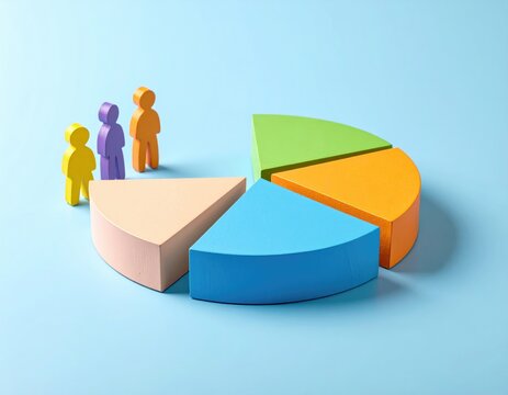 Wooden figures stand by pie chart on light blue surface